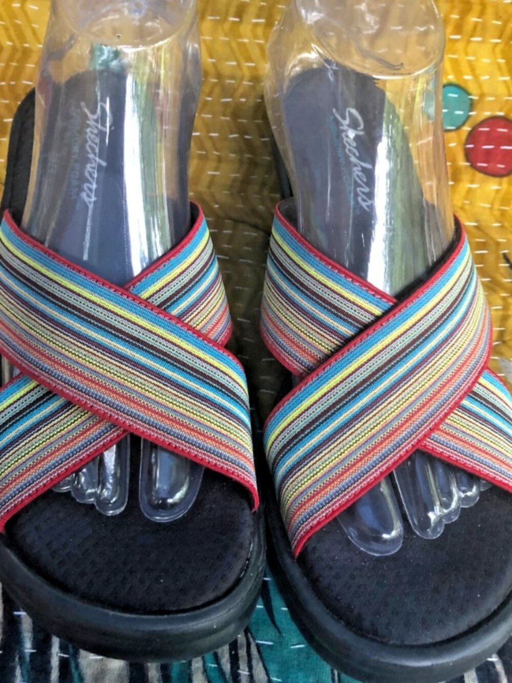 Skechers Womens Sz 9 Memory Foam Rainbow Stretch Elastic Platform Sandals 38473